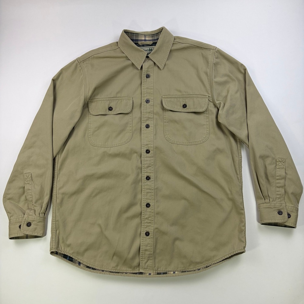 LL Bean Flannel Lined Hurricane Shirt Mens Medium Khaki Tan Cotton Workwear
